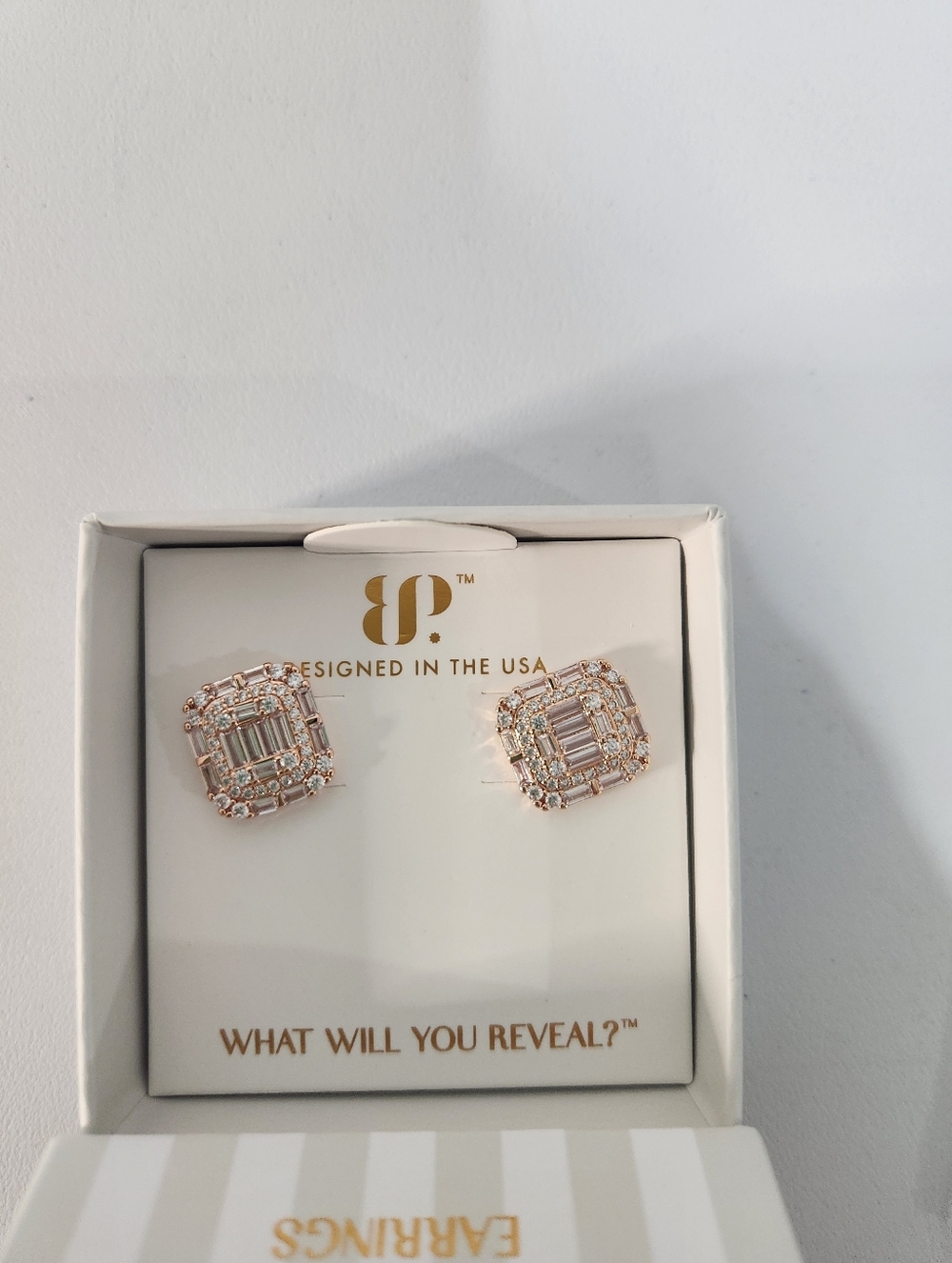 bp Rose Gold Square Halo Baguette & Round CZ Stud Earrings - Picture 1 of 3